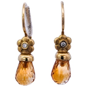 18k Gold Diamond and Citrine Dangle Earrings