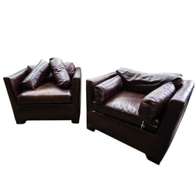 Pair Of Brown Leather Oversized Club Chairs