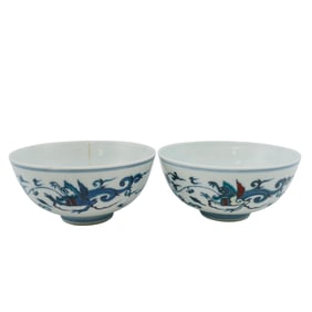 Pair of Antique Chinese Qing Dynasty Doucai Porcelain Bowls