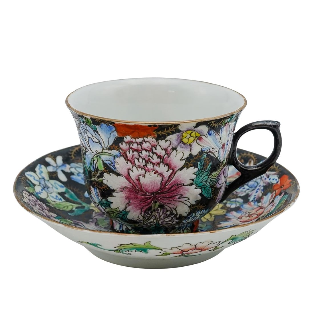 Antique Chinese Famille Noir Mille Fleur Pattern Porcelain Cup And Saucer: Antique Chinese Famille Noir Mille Fleur Pattern Porcelain Cup And Saucer19th Century, ChinaAntique Chinese Famille Noir “Mille-Fleur” Pattern Porcelain Cup and Saucer, wheel-thrown at Jingdez