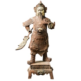 Large Antique Chinese Gilt Cast Iron Warrior