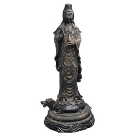 Large Patinated Bronze Standing Guanyin Sculpture