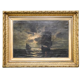 19th Century Nocturnal Maritime Oil On Canvas Painting