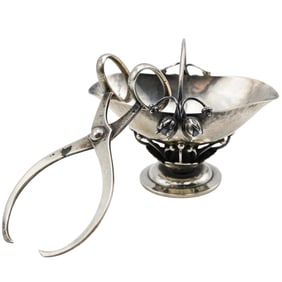 (2 Pcs) Antique Danish Sterling Silver Basket w/ Ice Tong