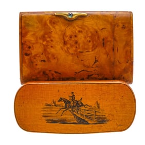 (2 Pc) Russian Burl Wood Cigarette Case & Birch Wood Snuff Box