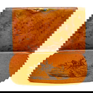 (2 Pc) Russian Burl Wood Cigarette Case & Birch Wood Snuff Box: (2 Pc) Russian Burl Wood Cigarette Case & Birch Wood Snuff BoxEarly 20th c., RussiaCigarette case with space for matches, gold accent and green cabochon opener, and snuff box featuring image of jumpin