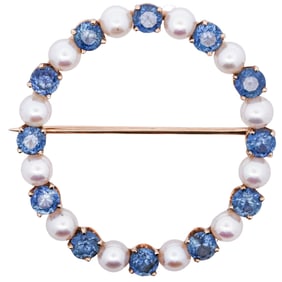 14k Gold Sapphire and Pearl Brooch