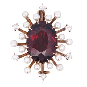 14k Gold Garnet Pearl and Diamond Brooch