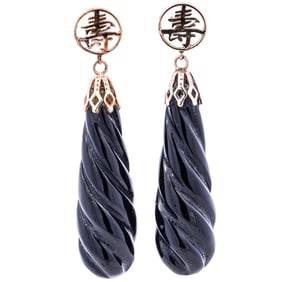Chinese 14k Gold and Black Onyx Drop Earrings