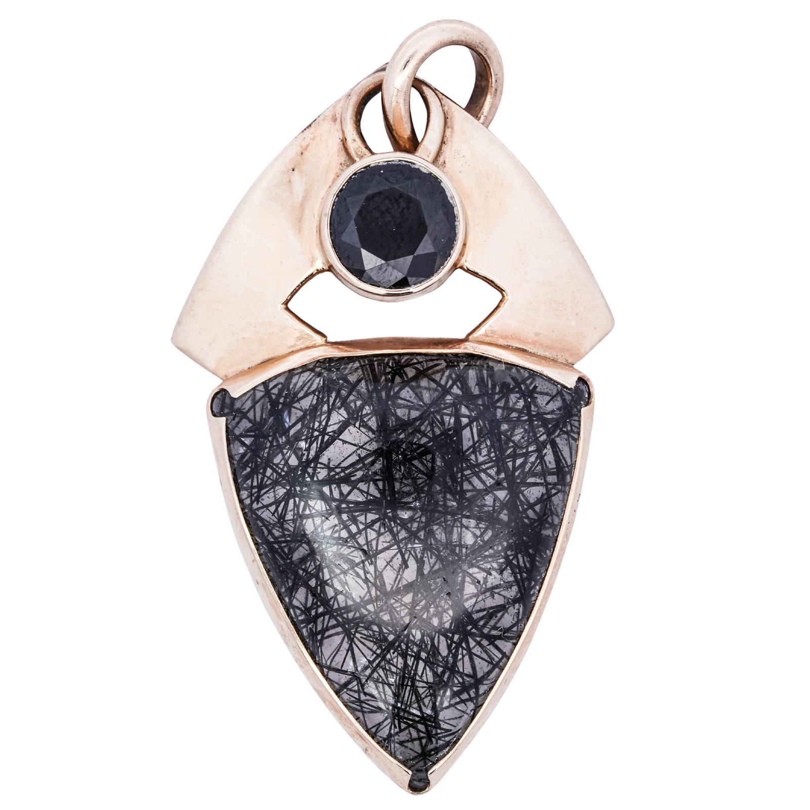 Contemporary 14k Gold Onyx and Rutilated Quartz Pendant (1 of 4)