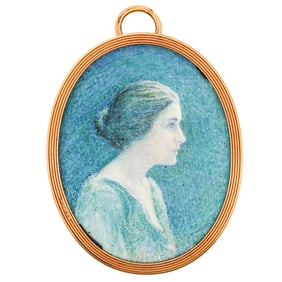 Signed 18k Gold and Carved Bone Miniature Portrait Pendant