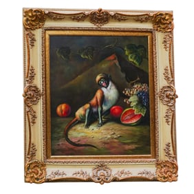 Signed Monkey and Fruit Oil On Canvas Painting