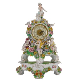Antique Sitzendorf Dresden Porcelain Mantle Clock