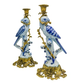 Pair Of Hollywood Regency Ceramic Blue Parrot Candle Holders