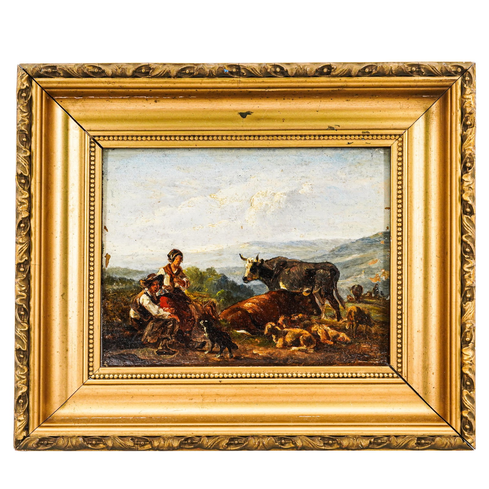 Frederik Lodewijk Huygens (Dutch, 1802-1842) Oil On Wood: Frederik Lodewijk Huygens (Dutch, 1802-1842) Oil On Wood 19th Century, Dutch Frederik Lodewijk Huygens (Dutch, 1802-1842) Oil painting on oak wood panel, titled "Shepherds and Cattle in a Meadow", dep
