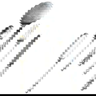 (5 Pc) Georg Jensen Sterling Silver Utensils: (5 Pc) Georg Jensen Sterling Silver UtensilsMid 20th Cent, DenmarkJensen sterling utensils feature a butter knife, tea spot, fork, fish knife and spatula server decorated with acorn finial. Stamped "G