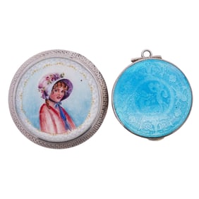 Pair Of Sterling Silver and Guilloche Enamel Pill Boxes