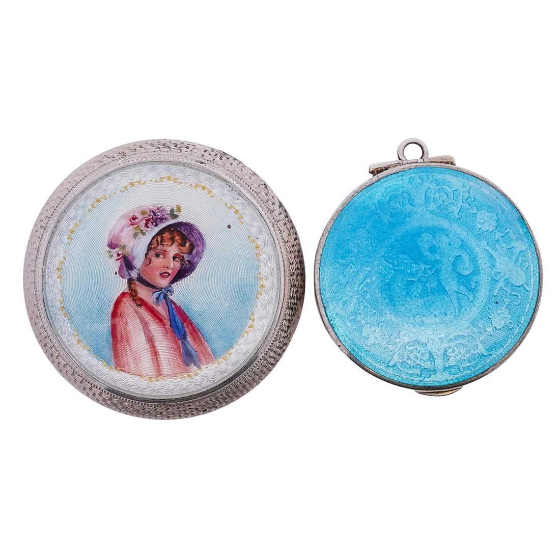 Pair Of Sterling Silver and Guilloche Enamel Pill Boxes (1 of 4)