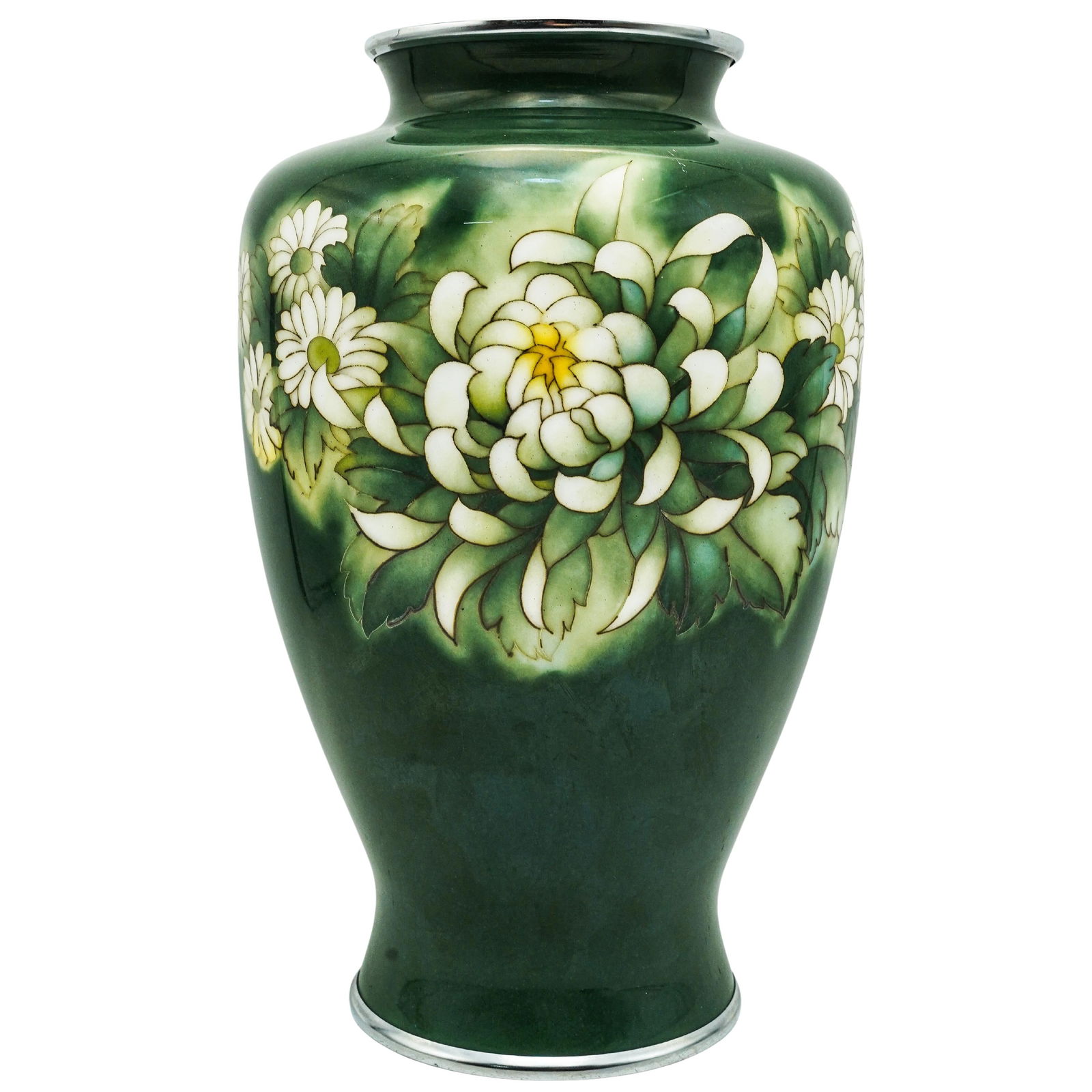 Japanese Cloisonne Floral Vase: Japanese Cloisonne Floral Vase20th Century, JapanJapanese cloisonne vase, featuring large white chrysanthemums and smaller white flowers against a green background.H: 10" D: 6.5"