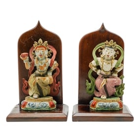 Pair of Antique Tibetan Painted Stucco And Wooden Bodhisattva Figures
