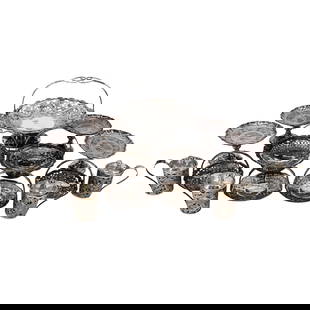 (15 Pc) Chinese Sterling Silver Serving Set: (15 Pc) Chinese Sterling Silver Serving SetEarly to Mid 20th Century, ChinaGroup of (15) Chinese sterling silver dishes, all hallmarked underside, consisting of:(4) silver plated tea cup holders featu