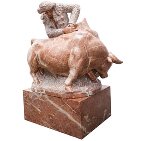 Large Carved Marble Matador and Bull Sculpture