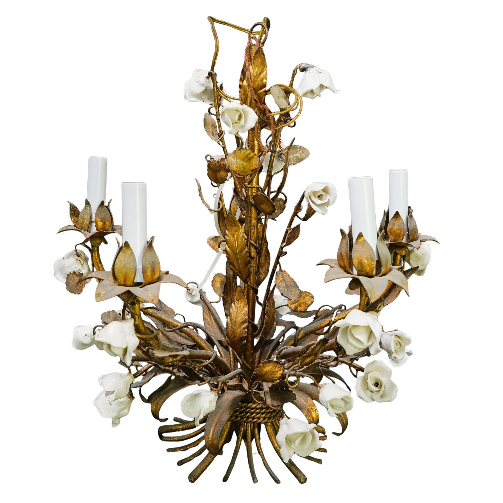 Antique Italian Brass And Porcelain Chandelier: Antique Italian Brass And Porcelain ChandelierMid-20th century, ItalyThe structure is made of patinated brass branches and leaves. White porcelain rosebuds are interspersed throughout the frame. The c