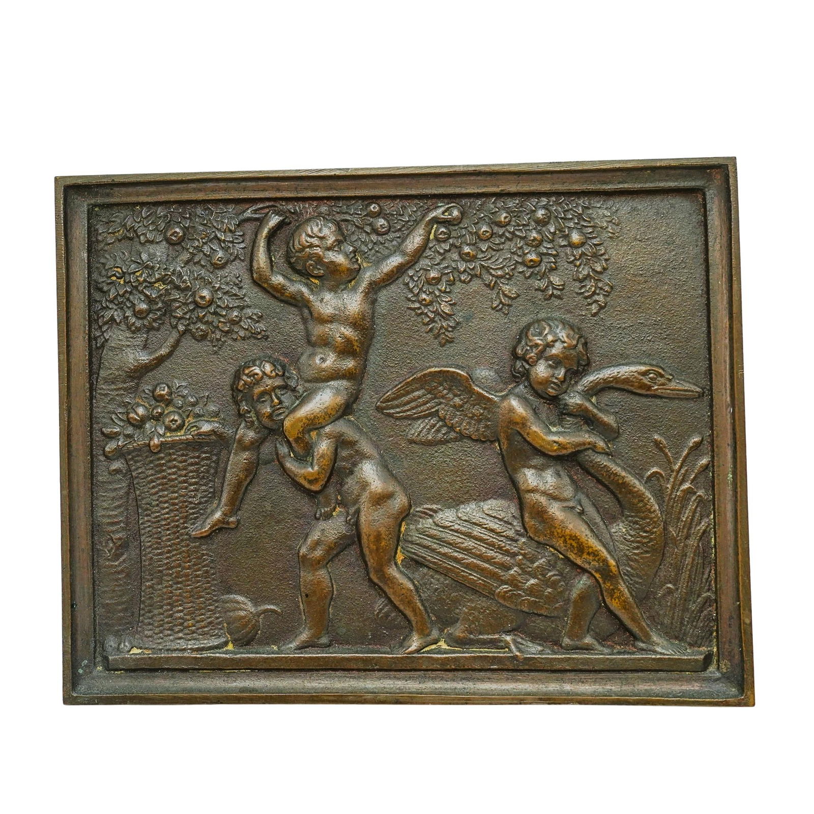 Antique Bronze Cherub Plaque: Antique Bronze Cherub PlaqueLate 19th to Early 20th Century, FranceAntique bronze wall hanging plaque, featuring three cherubic figures in bas relief. One holding a swan, while the other two are playf