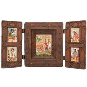 Hand Carved Wooden Triptych Icon Panel