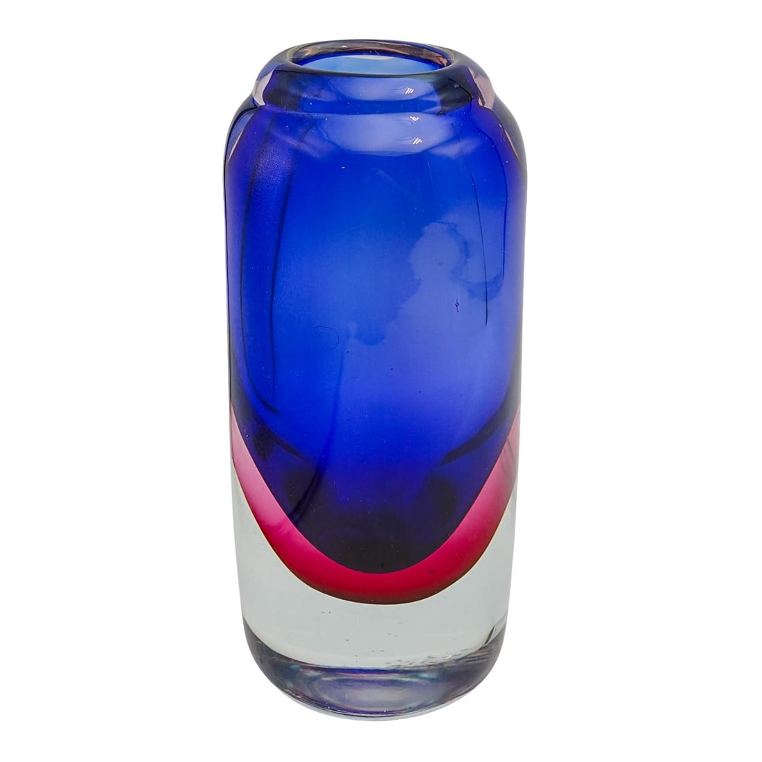 Vintage Murano Sommerso Glass Vase: Vintage Murano Sommerso Glass Vase 20th century, Italy It is a sommerso hand-blown glass vase with a rounded shape and a clear base. The vase is a deep blue, with purple and clear base. H: 8 1/2" D: 3