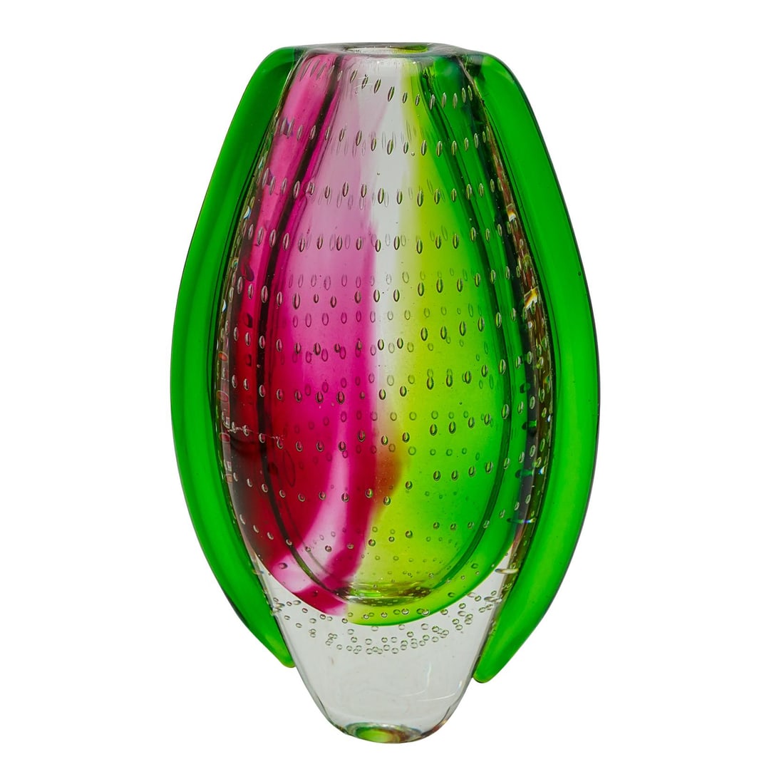 Murano Bubble Glass Vase: Murano Bubble Glass Vase 20th century, Italy This Murano glass vase features a rounded, almost egg-like shape with a narrow neck. It displays a gradient of colors, transitioning from green at the top 