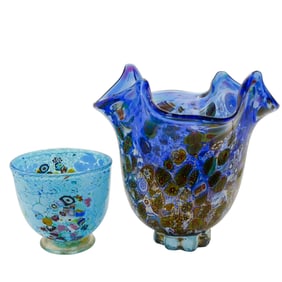 (2 Pcs) Murano Millefiori Gold Speck Bowls
