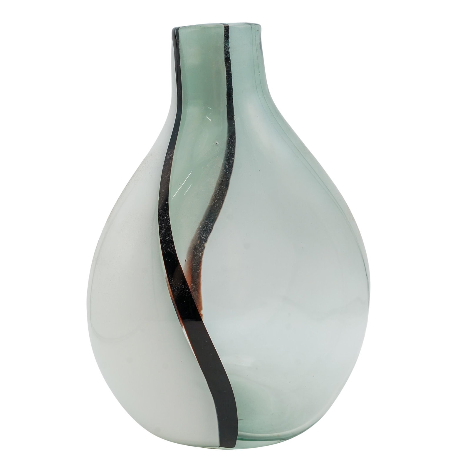 Murano Glass White & Clear Vase: Murano Glass White & Clear Vase 20th century, Italy A bulbous-shaped vase with an elongated neck. One half of the vase is made of clear transparent glass, while the other half is white with a central 