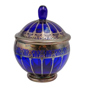 Cobalt Glass and Sterling Silver Overlay Candy Dish
