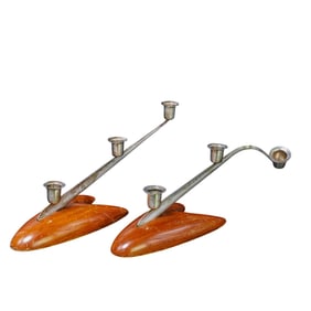 (2 Pcs) Mid Century Sterling Silver & Wood Candelabras