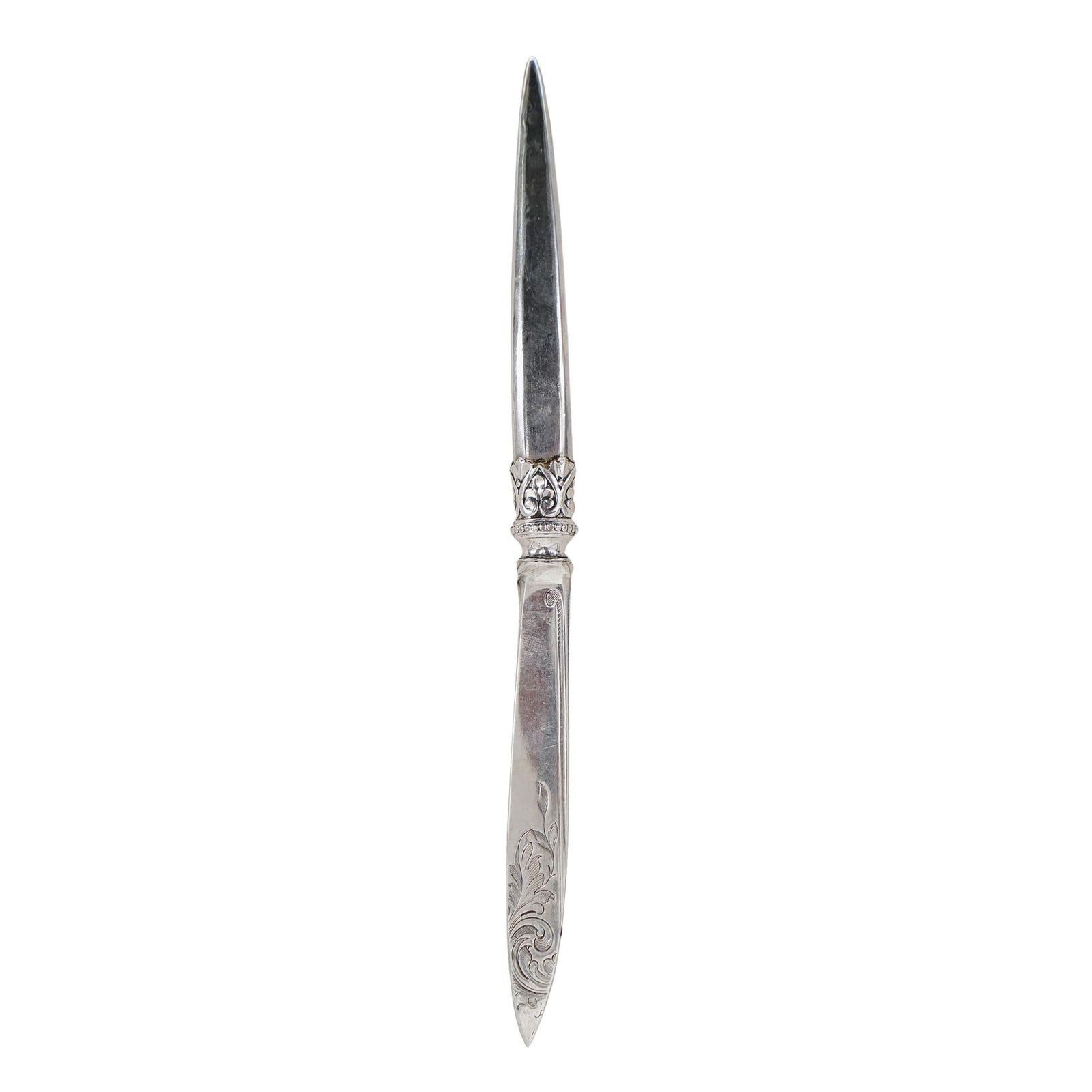 Antique Sterling Silver & Green Guilloche Letter Opener: Antique Sterling Silver & Green Guilloche Letter Opener1901, EnglandThis letter opener features a sterling silver handle accented with green guilloché enamel. The blade is also decorated with intrica