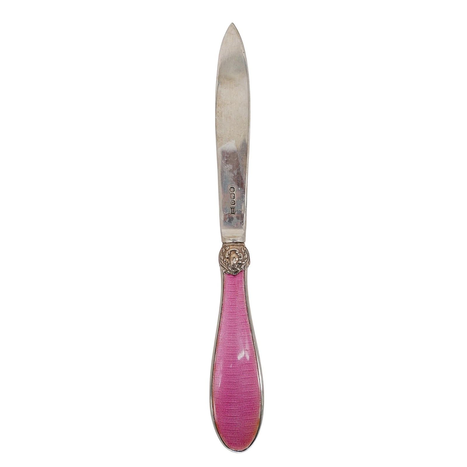 Sterling Silver & Pink Guilloche Letter Opener: Sterling Silver & Pink Guilloche Letter Opener1931, EnglandThis letter opener features a sterling silver handle accented with delicate pink guilloché enamel. It is stamped. Total weight: 68g.L: 8 1/2