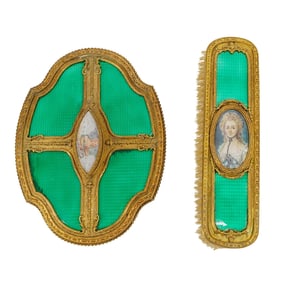 (2 Pcs) Green Guilloche Enamel Dressing Table Pieces