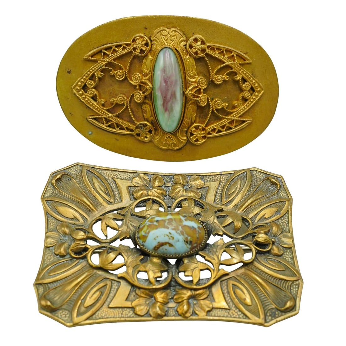 (2 Pcs) Art Nouveau Attr. To George Steere Mixed Stones Brooches (1 of 4)