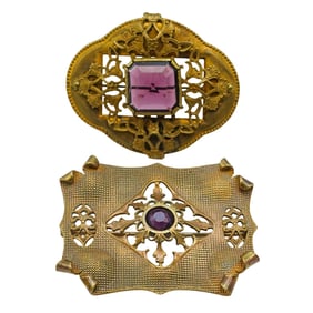 (2 Pcs) Art Nouveau Attr. To George Steere Amethyst Gemstone Brooches