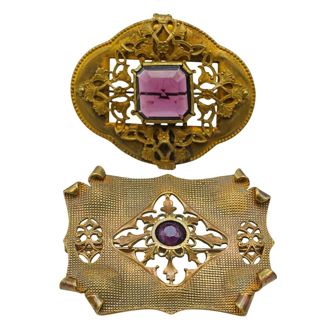 (2 Pcs) Art Nouveau Attr. To George Steere Amethyst Gemstone Brooches (1 of 4)