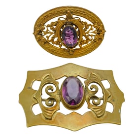 (2 Pcs) Art Nouveau Attr. To George Steere Amethyst Brooches
