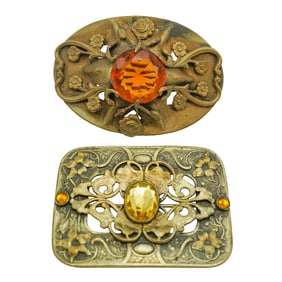 (2 Pcs) Art Nouveau Attr. To George Steere Amber & Citrine Gemstone Brooches