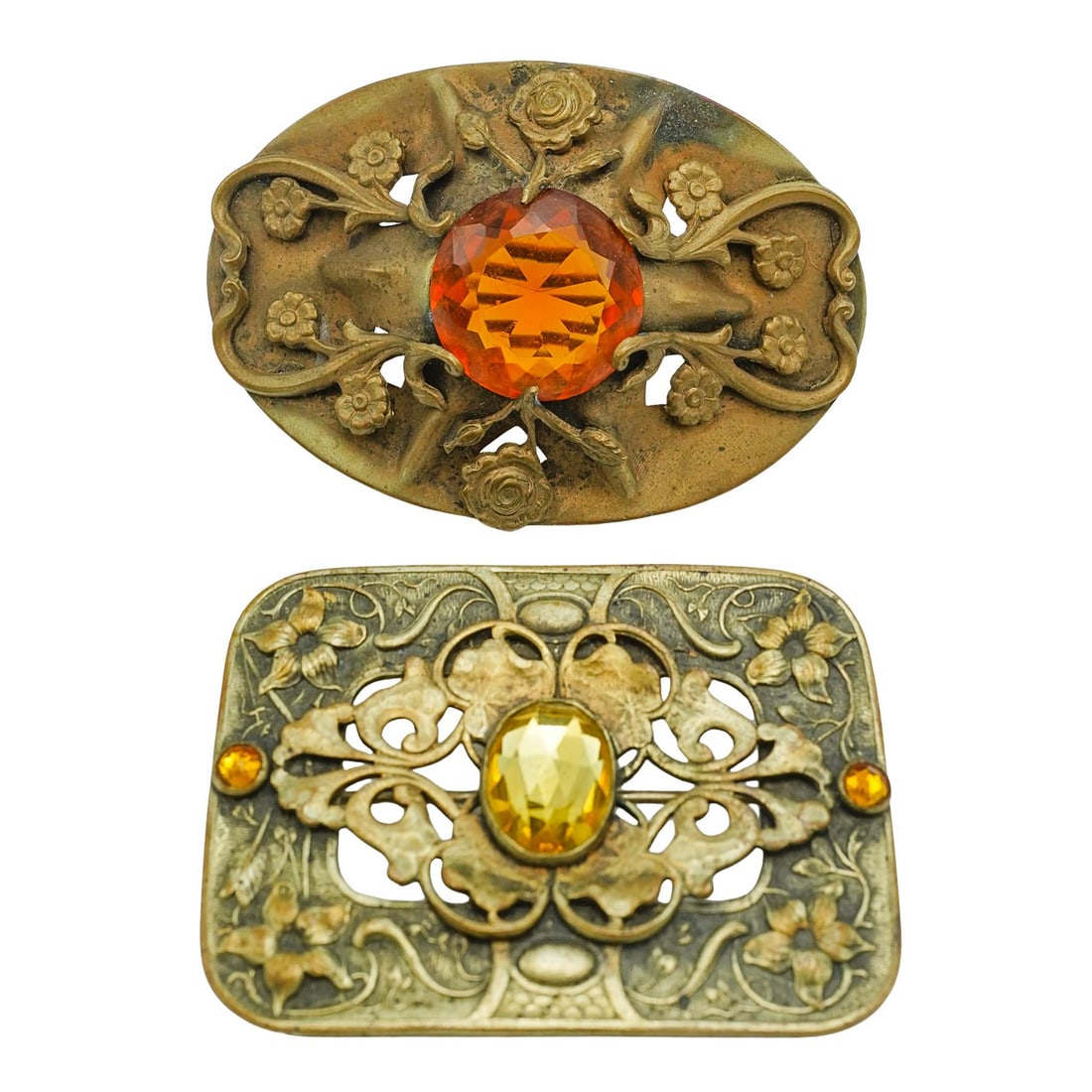 (2 Pcs) Art Nouveau Attr. To George Steere Amber & Citrine Gemstone Brooches (1 of 4)