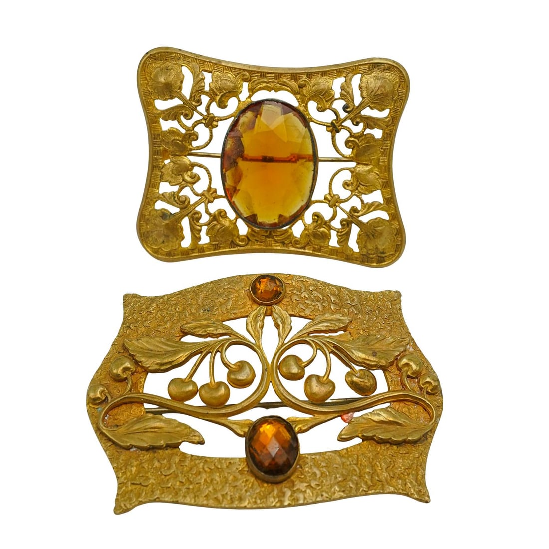 (2 Pcs) Art Nouveau Attr. To George Steere Amber Gemstone Brooches (1 of 4)