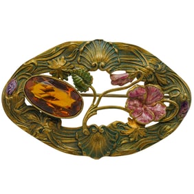 Art Nouveau Attr. To George Steere Enamel & Gemstone Sash Pins Brooch