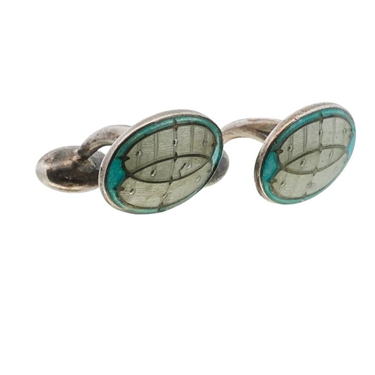 (2 Pcs) Antique Sterling Silver & Enamel Dumbbell Cufflinks (1 of 6)