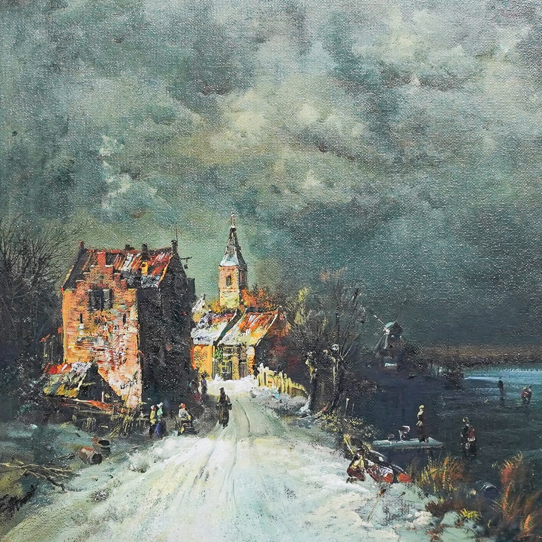 Vintage Dutch Townscape Painting: Vintage Dutch Townscape Painting 20th Cent, Europe A vintage dutch oil painting depicts a townscape near a lake, figures are seen walking along the coastline. Frame marked "Made In Holland". H: 24.5" 