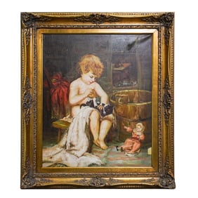 Signed Interior Scene Oil Painting
