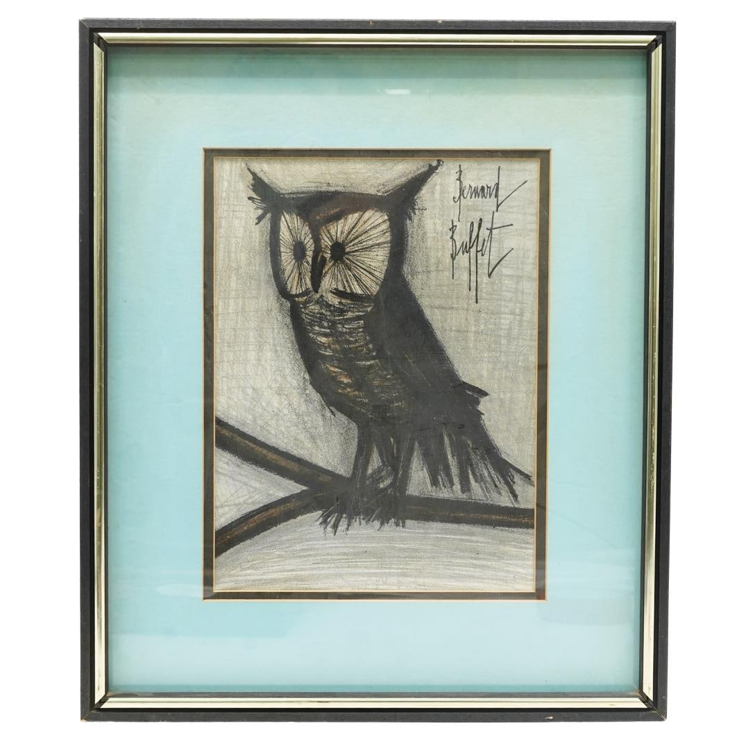 Bernard Buffet (French, 1928 -1999) "The Little Owl" Lithograph: Bernard Buffet (French, 1928 -1999) "The Little Owl" Lithograph1967, FranceThe artwork depicts an owl perched on a branch. It is signed in the upper right corner and framed in a black wooden frame wit